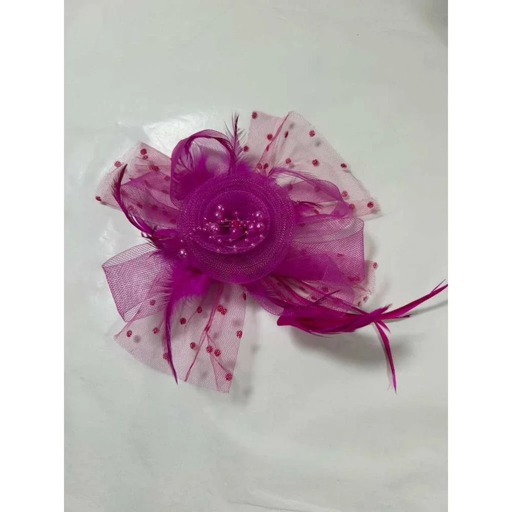 Fuchsia Fascinator Hair Clip Feather Pearl Polka Dot Mesh Tea Party Royal Luxury